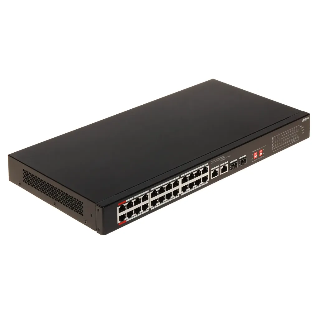 [021717] [DH-S3226-24ET-240] Dahua - Switch PoE para Montaje en Rack de 26 Puertos con 24 Puertos PoE (10/100 Mbps) 2 Puertos Uplink (Gigabit) y 2 Puertos SFP (Gigabit) Carcasa Metálica Total PoE 240W [No Administrable]