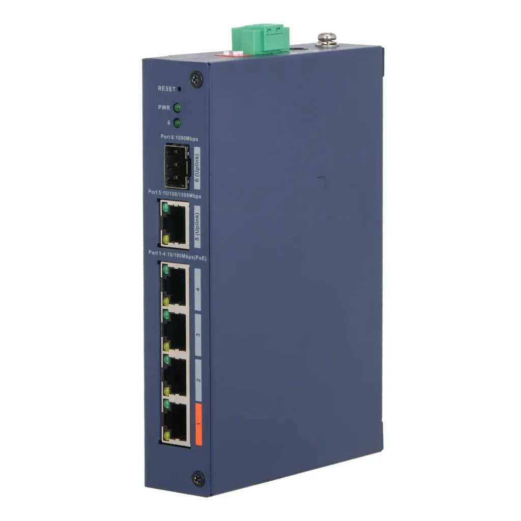 [021934] [DH-CHS4106-4ET-60] Dahua - Switch Cloud L2 Industrial PoE de 6 Puertos con 4 Puertos RJ-45 PoE (10/100 Mbps) 1 Puerto RJ-45 Uplink (Gigabit) y 1 Puerto SFP Uplink (1000 Mbps) Gestión en Nube Carcasa Metálica Total PoE 60W [Administrable]
