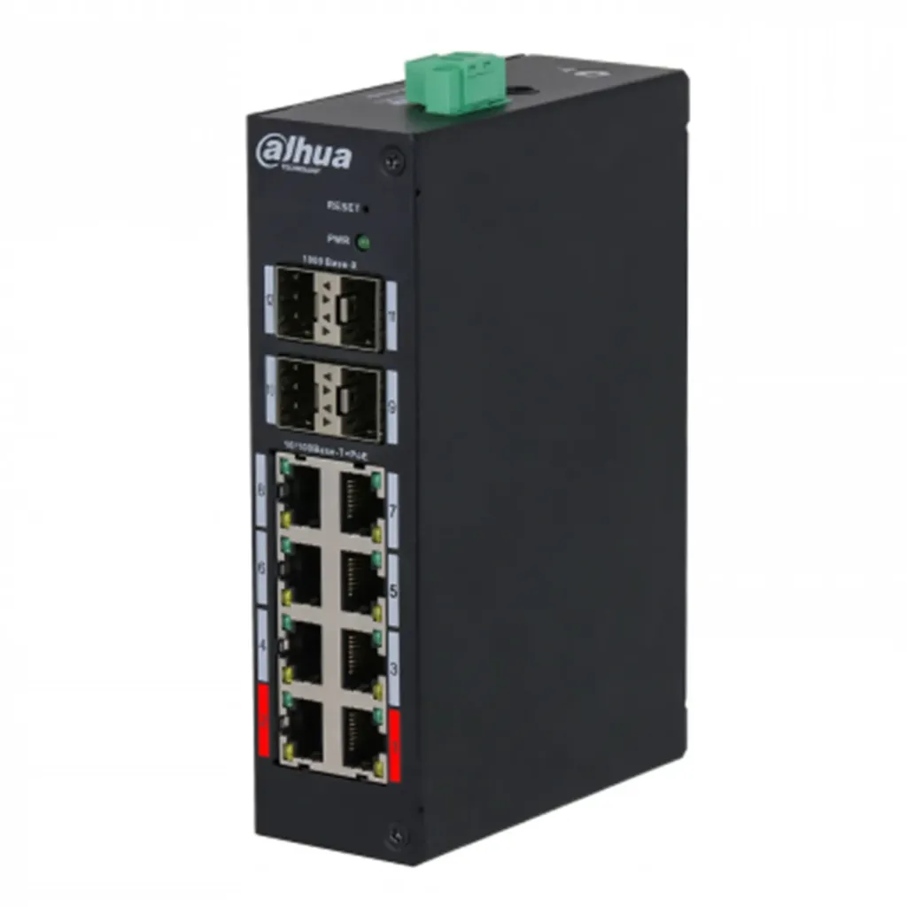 [021935] [DH-HS4412-8ET-96] Dahua - Switch Cloud L2 Industrial PoE de 12 Puertos con 8 Puertos RJ-45 PoE (10/100 Mbps) y 4 Puertos SFP Uplink (1000Mbps) Gestión en Nube Carcasa Metálica Total PoE 96W [Administrable]
