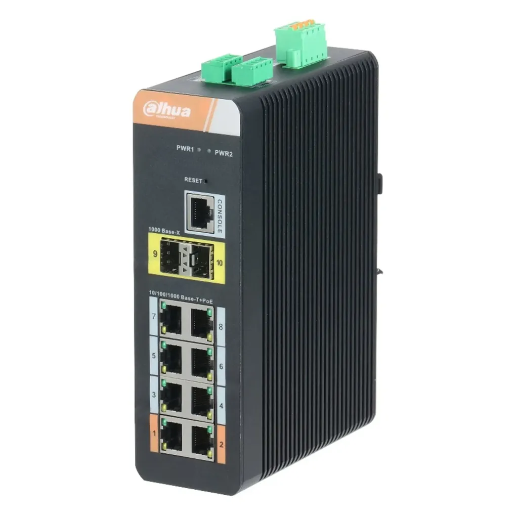 [021937] [DH-PFS4210-8GT-DP] Dahua - Switch Cloud L2 Industrial PoE de 10 Puertos con 8 Puertos RJ-45 PoE (Gigabit) y 2 Puertos SFP Uplink (1000Mbps) Gestión en Nube Carcasa Metálica Total PoE 120W [Administrable]