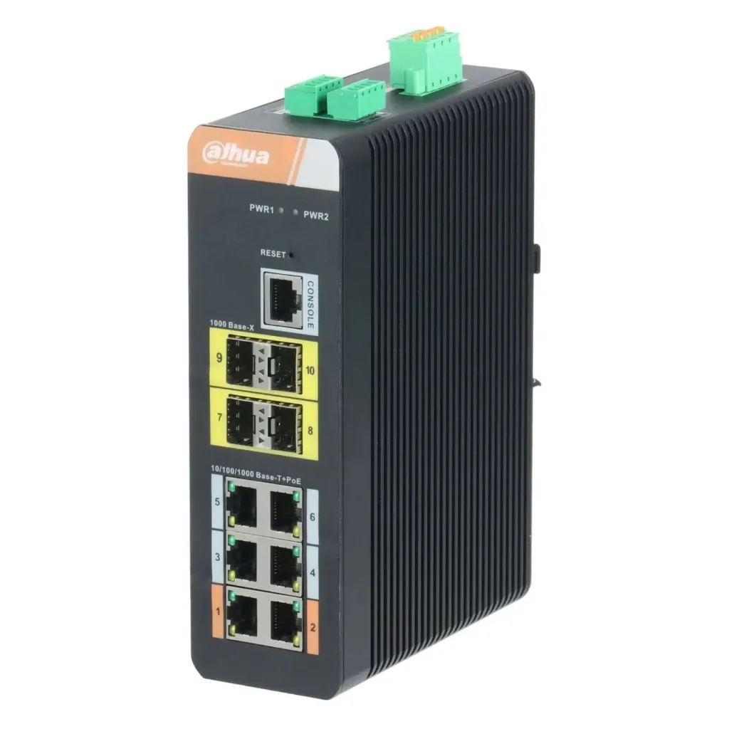 [021938] [DH-IS4410-6GT-120] Dahua - Switch Cloud L2 Industrial PoE de 10 Puertos con 6 Puertos RJ-45 PoE (Gigabit) y 4 Puertos SFP Uplink (1000Mbps) Gestión en Nube Carcasa Metálica Total PoE 120W [Administrable]