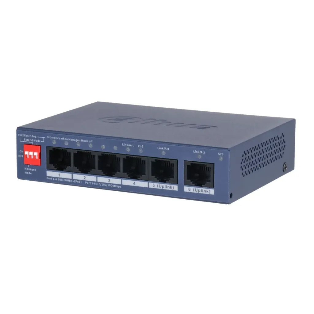 [021940] [DH-CS4006-4ET2GT-36] Dahua - Switch Cloud L2 PoE de 6 Puertos con 4 Puertos RJ-45 PoE (10/100 Mbps) y 2 Puertos RJ-45 Uplink (Gigabit) Gestión en la Nube Carcasa Metálica Total PoE 36W [Administrable]