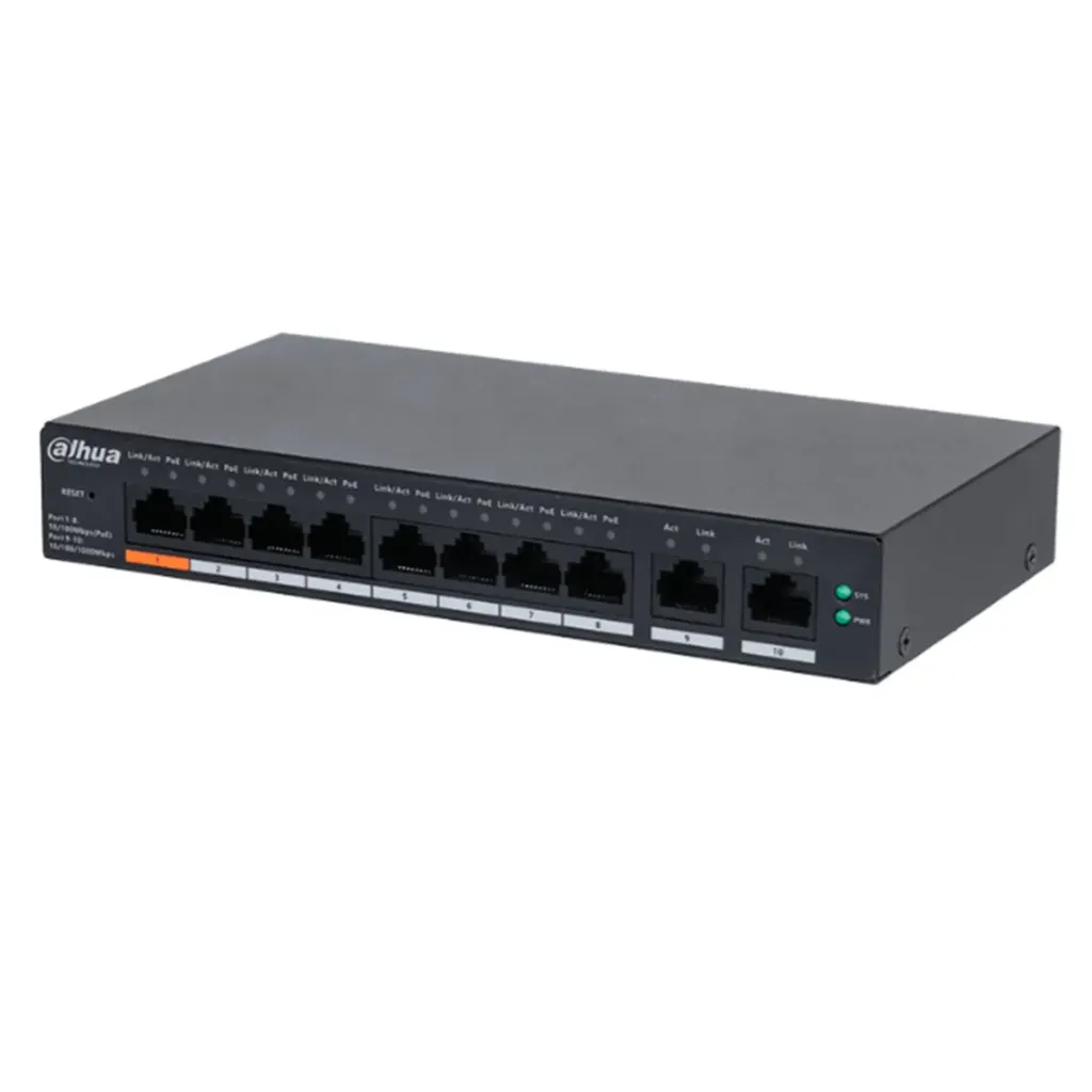 [021942] [DH-CS4010-8ET-60] Dahua - Switch Cloud L2 PoE de 10 Puertos con 8 Puertos RJ-45 PoE (10/100 Mbps) y 2 Puertos RJ-45 Uplink (Gigabit) Gestión en la Nube Carcasa Metálica Total PoE 60W