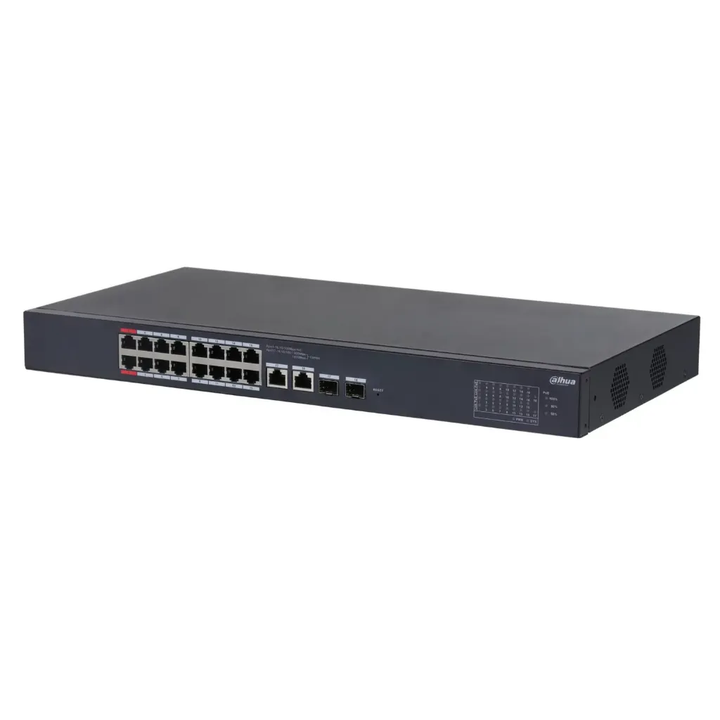 [021944] [DH-CS4218-16ET-135] Dahua - Switch Cloud L2 PoE de 18 Puertos con 16 Puertos RJ-45 PoE (10/100 Mbps) 2 Puertos RJ-45 Uplink (Gigabit) y 2 Puertos SFP (1000 Mbps) Gestión en la Nube Carcasa Metálica Total PoE 135W [Administrable]