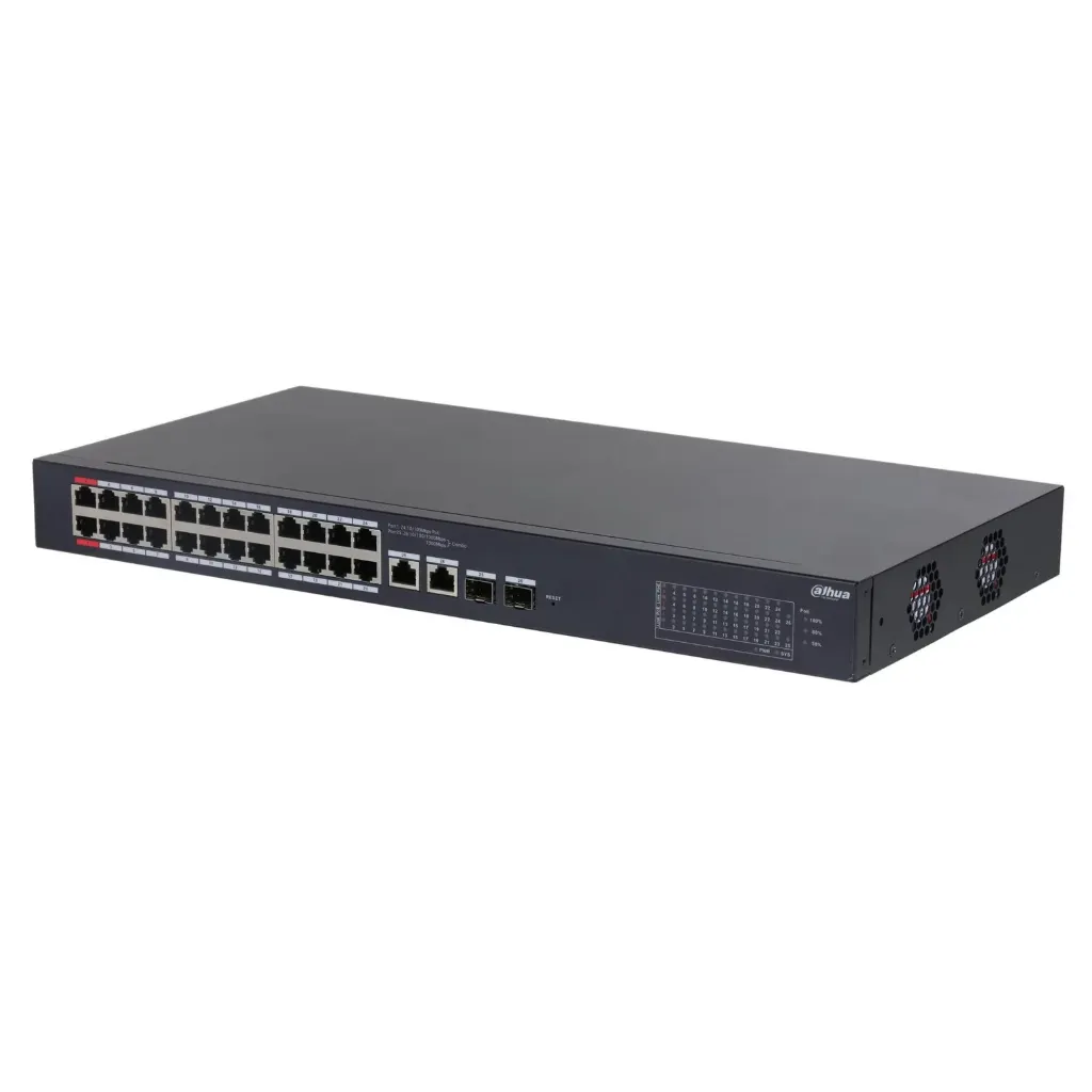 [DH-CS4226-24ET-240] Dahua - Switch Cloud L2 PoE de 26 Puertos con 24 Puertos RJ-45 PoE (10/100 Mbps) 2 Puertos RJ-45 Uplink (Gigabit) y 2 Puertos SFP (1000 Mbps) Gestión en la Nube Carcasa Metálica Total PoE 240W [Administrable]