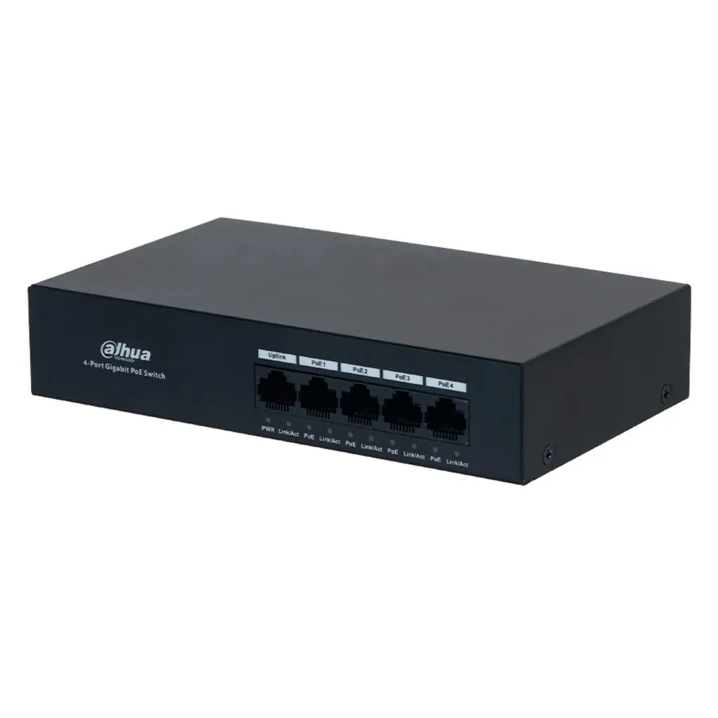 [021956] [DH-PFS3005-4GT-36] Dahua - Switch L2 PoE para Escritorio de 5 Puertos con 4 Puertos PoE (Gigabit) y 1 Puerto Uplink (Gigabit) Carcasa Metálica Total PoE 36W [No Administrable]