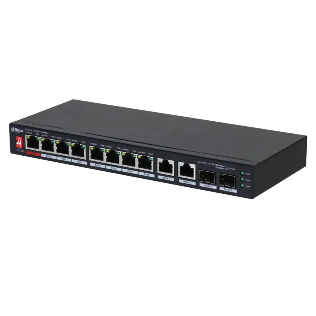 [021958] [DH-PFS3210-8GT2GF-96] Dahua - Switch PoE para Escritorio de 10 Puertos con 8 Puertos PoE (Gigabit) 2 Puertos Uplink (Gigabit) y 2 Puertos SFP (Gigabit) Carcasa Metálica Total PoE 96W [No Administrable]