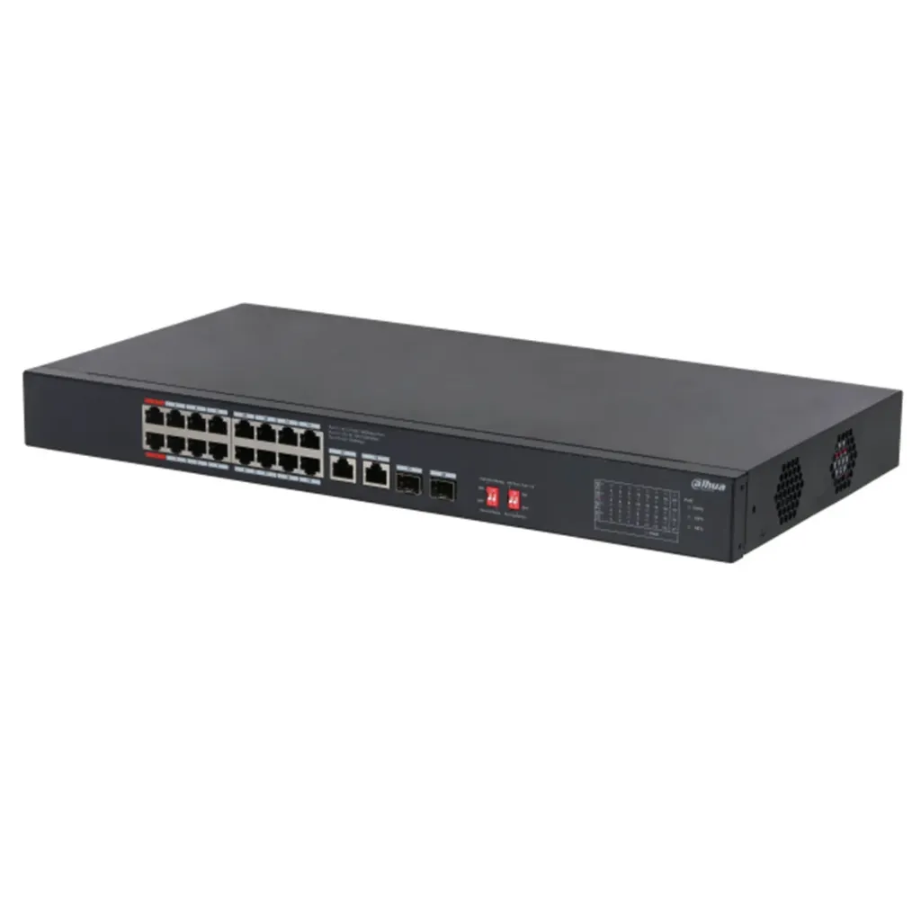 [021959] [DH-S3220-16GT-240] Dahua - Switch PoE para Montaje en Rack de 20 Puertos con 16 Puertos PoE (Gigabit) 2 Puertos Uplink (Gigabit) y 2 Puertos SFP (Gigabit) Carcasa Metálica Total PoE 240W [No Administrable]