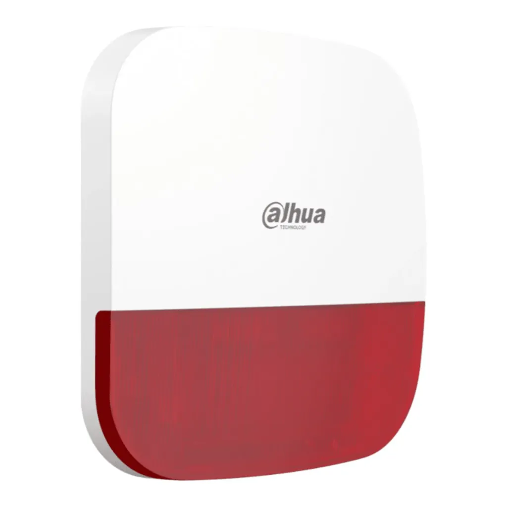 [DHI-ARA13-W2] Dahua - Sirena Inalámbrica para Exterior con Estrobo Rojo 110dB Múltiples Sonidos de Alarma (Fuego Intrusión Pánico Médica) IP65 Alarma de Batería Baja Frecuencia 433MHz [Bateria 4 x CR123A]