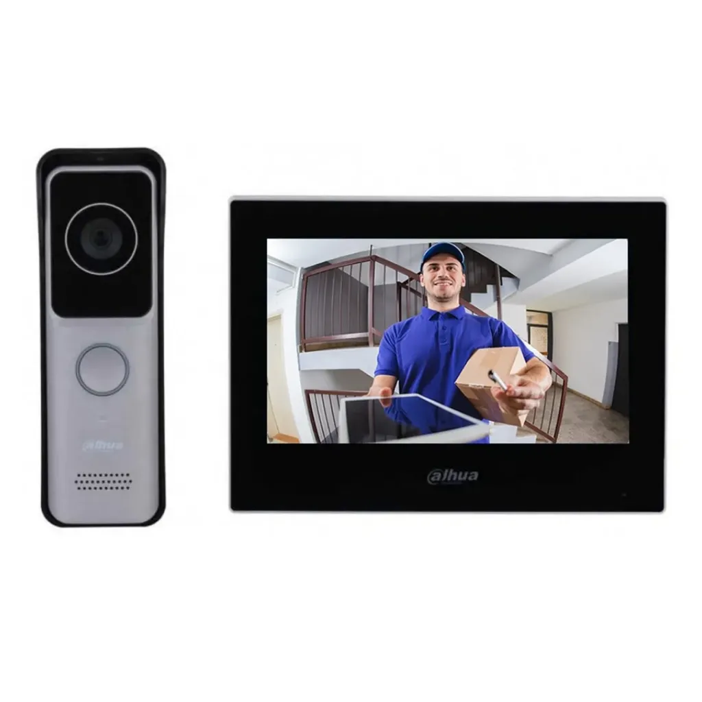 [DHI-KTW02] Dahua - Kit de Videoportero con Puerto PoE IP y Wi-Fi Monitor de 7" Frente de Calle con Cámara de [2Mp] Ranura MicroSD hasta (max. 256 GB) Apertura de Puerta Soporta Hasta 3000 Tarjetas IC Mifare