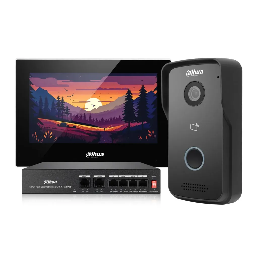 [DHI-KTP03] Dahua - Kit de Videoportero con Puerto PoE IP Monitor de 7" Frente de Calle con Cámara de [2Mp] Apertura de Puerta Soporta hasta 10.000 Tarjetas (IC Mifare) [Incluye 1 x DHI-VTO2111D-P-S3 1 x DHI-VTH2621G-P 1 x DH-PFS3006-4ET-36]