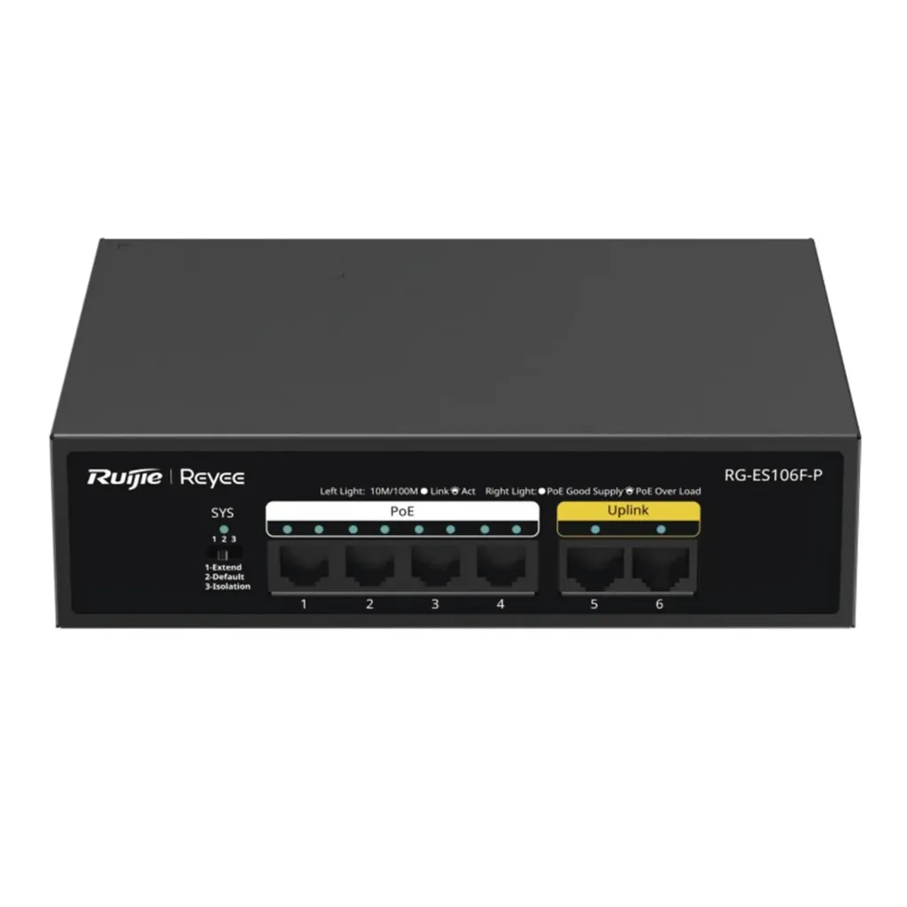 [021624] [RG-ES106F-P] Ruijie/Reyee - SMB Switch de 6 Puertos 10/100 Mbps PoE+ hasta 54 Watts
