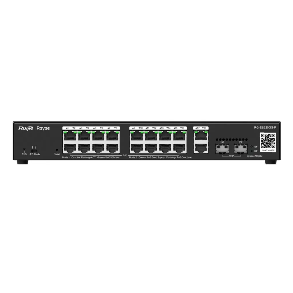 [021629] [RG-ES220GS-P] Ruijie/Reyee - SMB Switch Rackeable Administrable L2 PoE con 18 Puertos Gigabit PoE 802.3af/at + 2 SFP 1Gb 250W