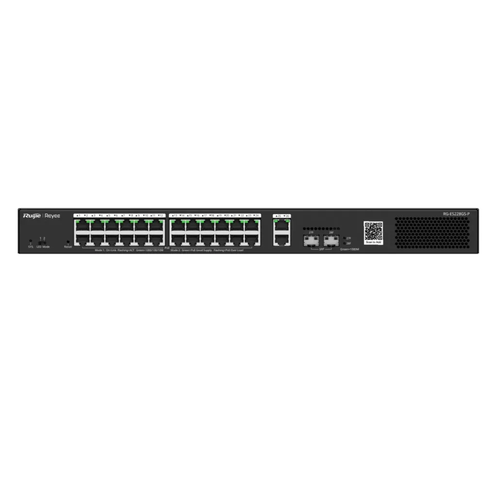[021630] [RG-ES228GS-P] Ruijie/Reyee - SME Switch Rackeable Administrable L2 PoE 26 Pts (24 POE Gigabit 802.3af/at  + 2 Pts no POE) + 2 SFP 1Gb 370W
