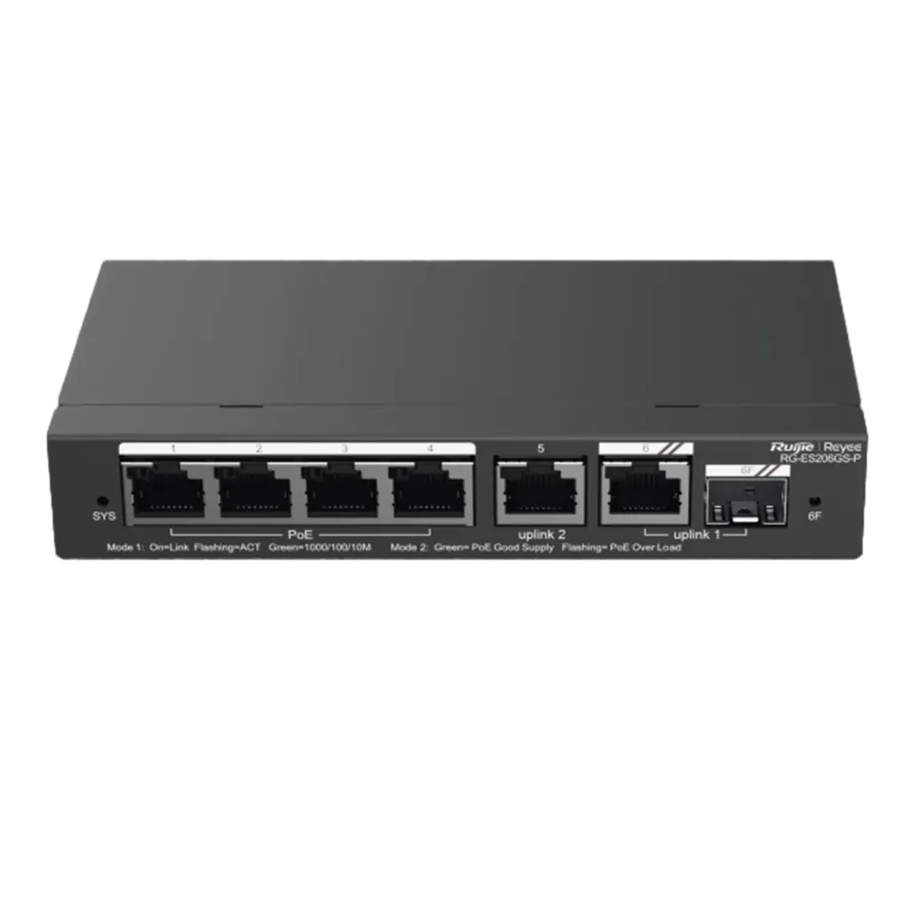 [021631] [RG-ES206GS-P] Ruijie/Reyee - SMB Switch 4 Puertos Gigabit PoE 2 Uplink Gigabit y 1 Uplink Gigabit SFP 54W