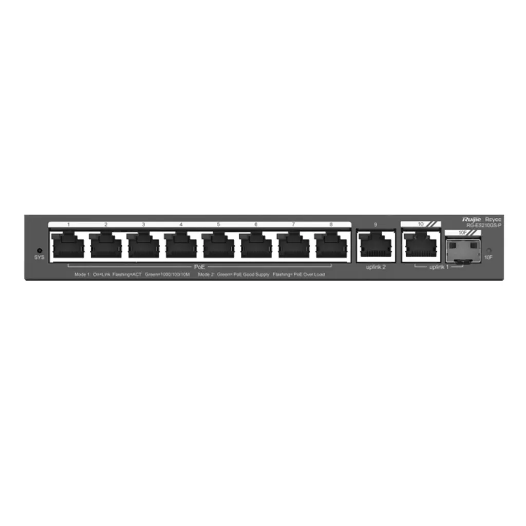 [021632] [RG-ES210GS-P] Ruijie/Reyee - SMB Switch 8 Puertos Gigabit PoE + 2 Uplinks Gigabit (1 SFP) 120W