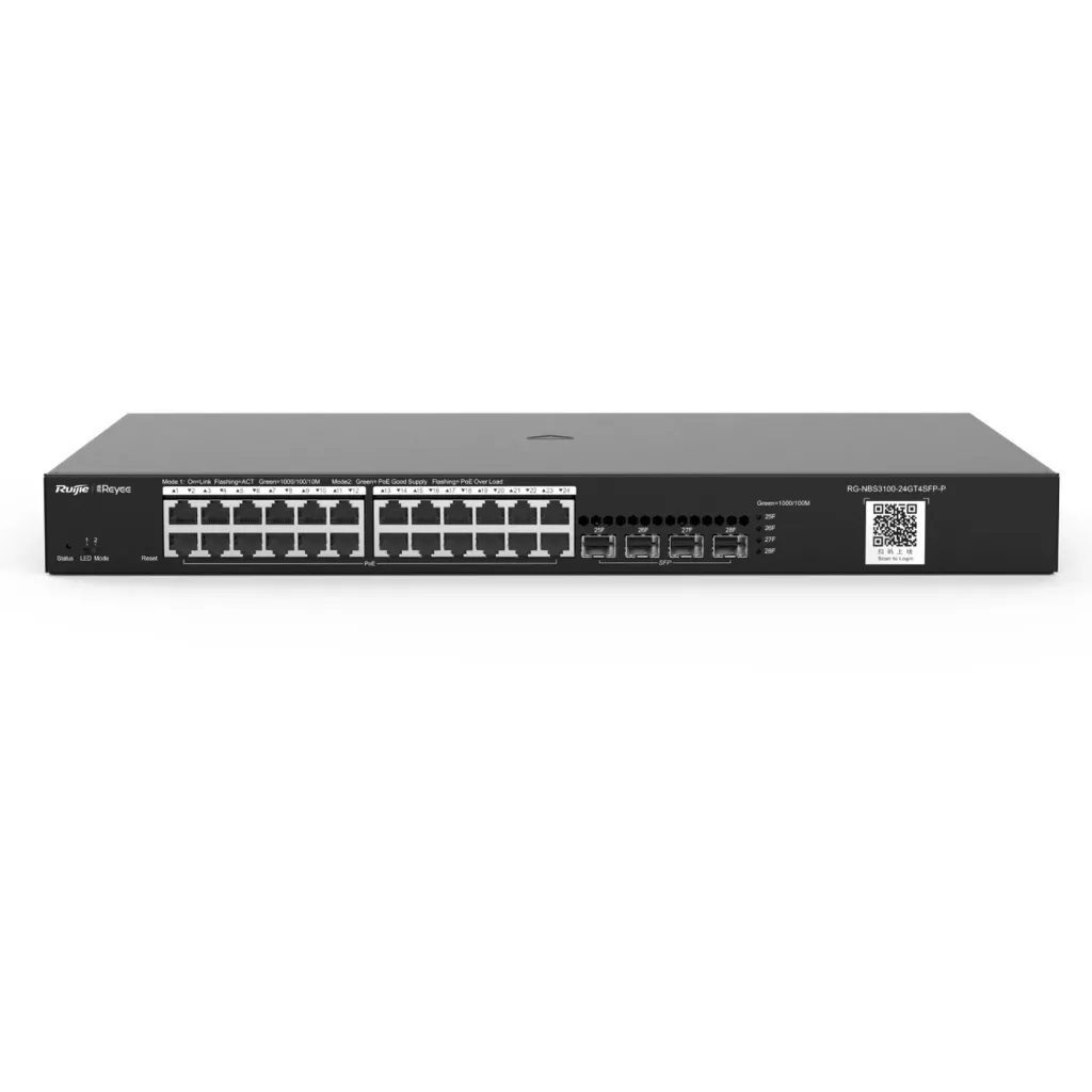 [021635] [RG-NBS3100-24GT4SFP-P-V2] Ruijie/Reyee - SMB Switch Administrable L2 Rackeable PoE+ 24 Puertos Eth 1G 4 Puertos SFP 1G 370W 8 LAG