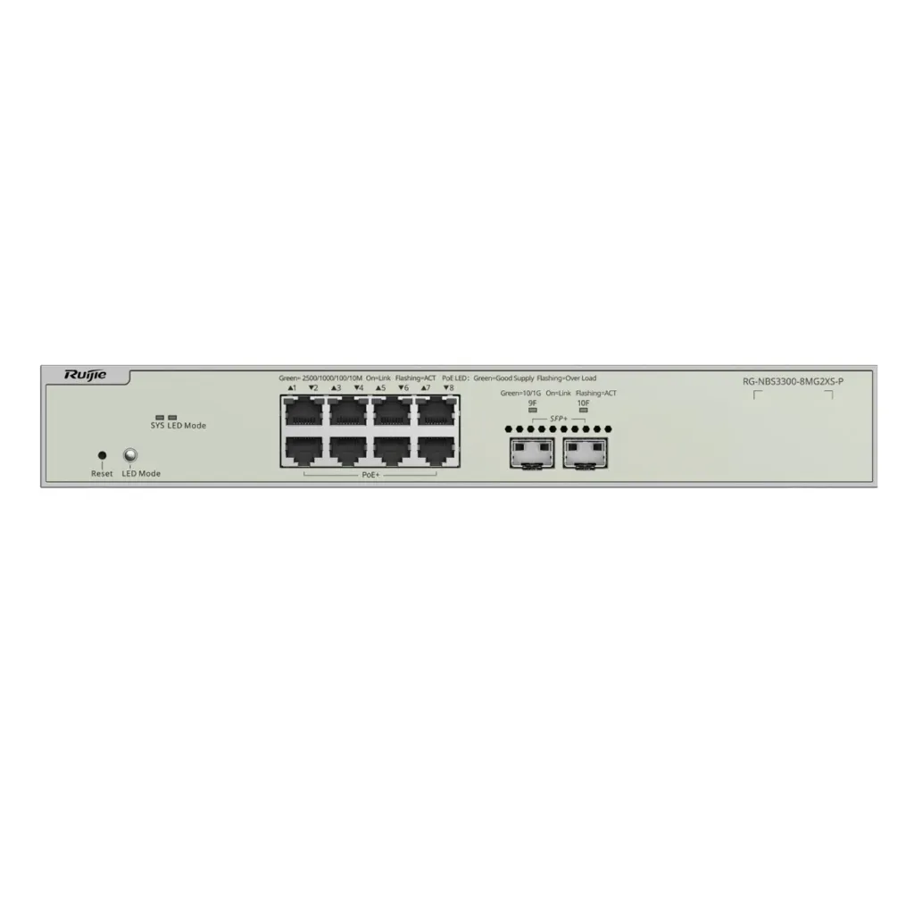 [021663] [RG-NBS3300-8MG2XS-P] Ruijie/Reyee - SME Switch Multi-Gigabit PoE+ Capa 2 con 8 Puertos 2.5G PoE+ hasta 240W y 2 Uplink SFP+ 10G Diseñado Para Access Points Wi-Fi 6/7