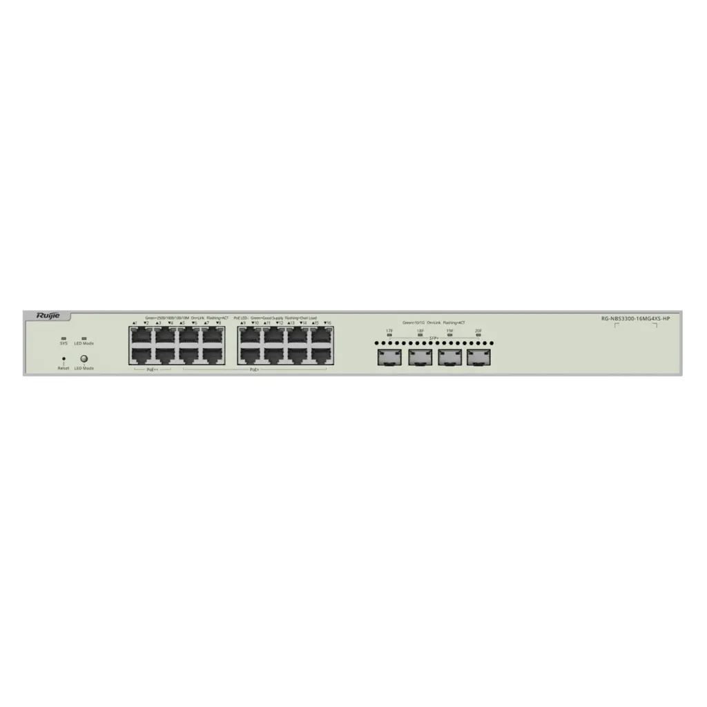 [021664] [RG-NBS3300-16MG4XS-HP] Ruijie/Reyee - SME Switch Multi-Gigabit PoE++ hasta 370W Capa 2 con 4 Puertos 2.5G (90W) 12 Puertos 2.5G (30W) y 4 Uplink SFP+ 10G Diseñado Para Access Points Wi-Fi 6/7