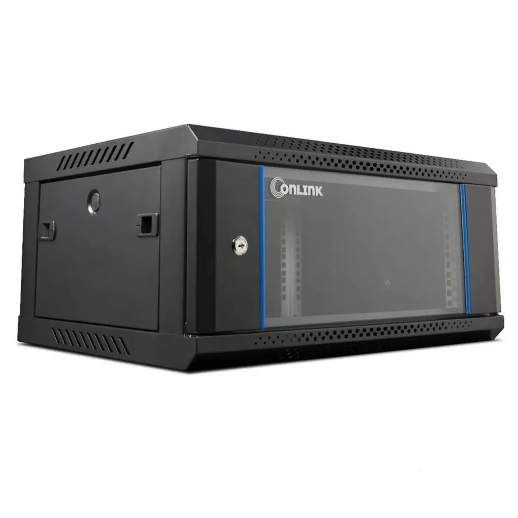 [020456] [WM6404-450-BLACK] Onlink - Rack de Pared [4U] Cerrado Fijo 600x450x280mm con 3 Cerraduras y Puerta de Vidrio [Negro]