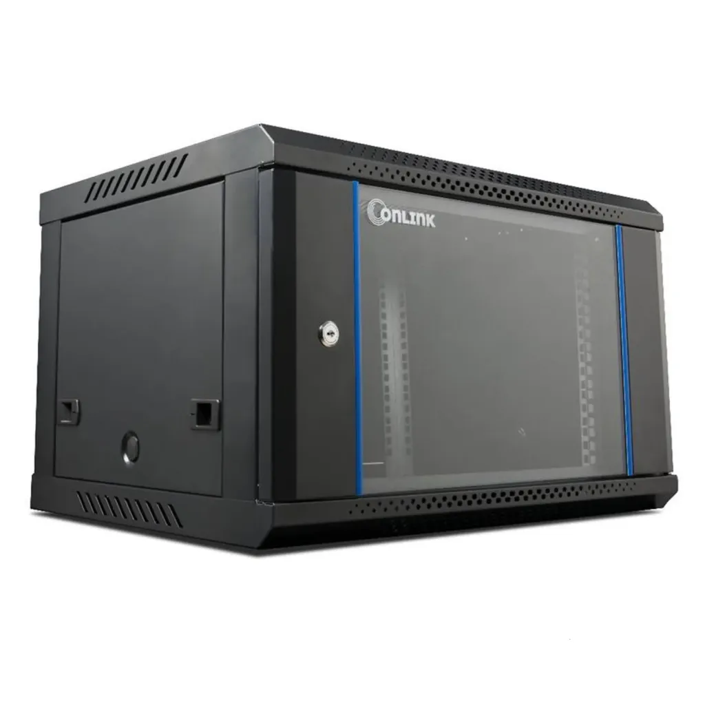 [020457] [WM6406-450-BLACK] Onlink - Rack de Pared [6U] Cerrado Fijo 600x 450x368mm con 3 Cerraduras y Puerta de Vidrio [Negro]