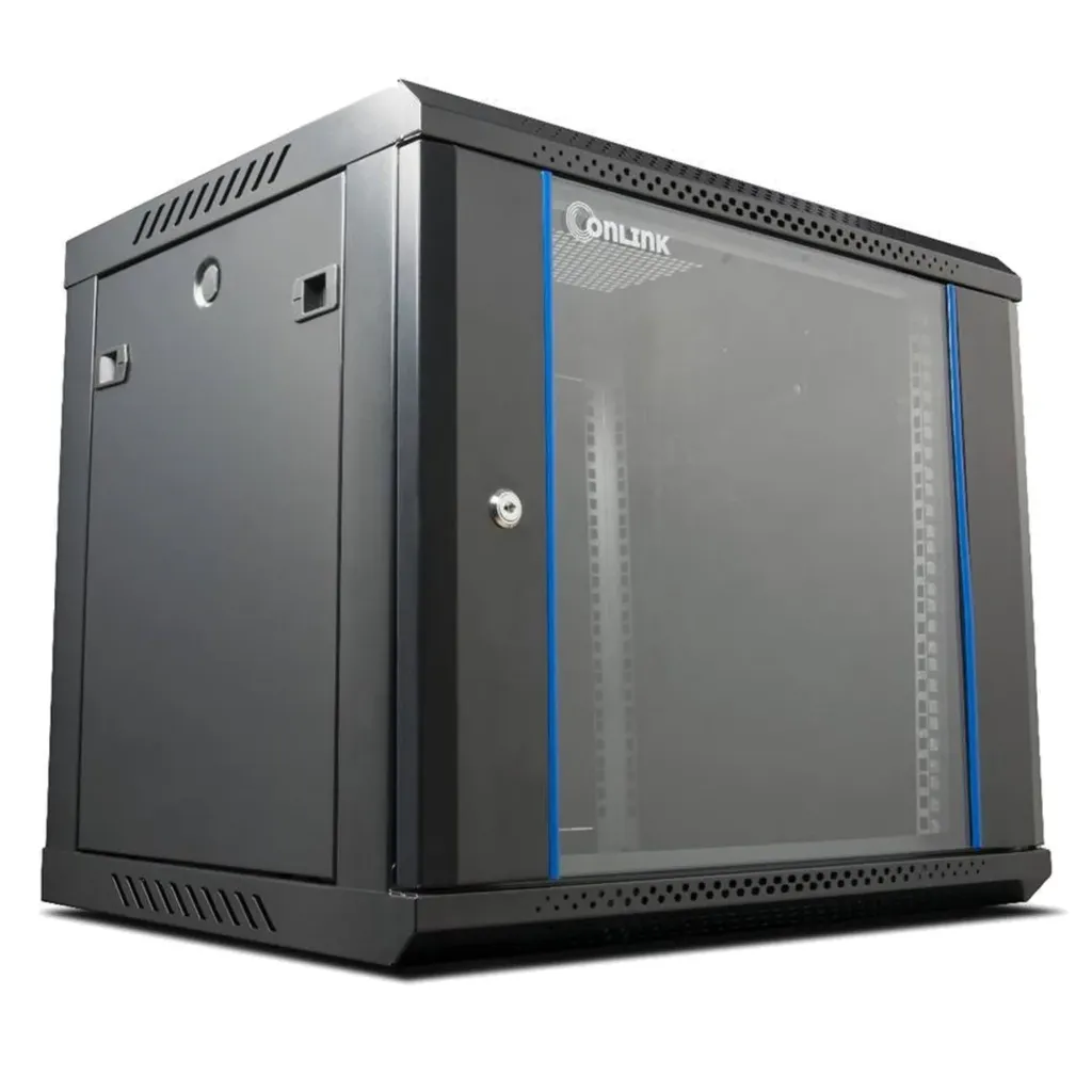 [020458] [WM6409-450-BLACK] Onlink - Rack de Pared [9U] Cerrado Fijo 600x450x501mm con 3 Cerraduras y Puerta de Vidrio [Negro]