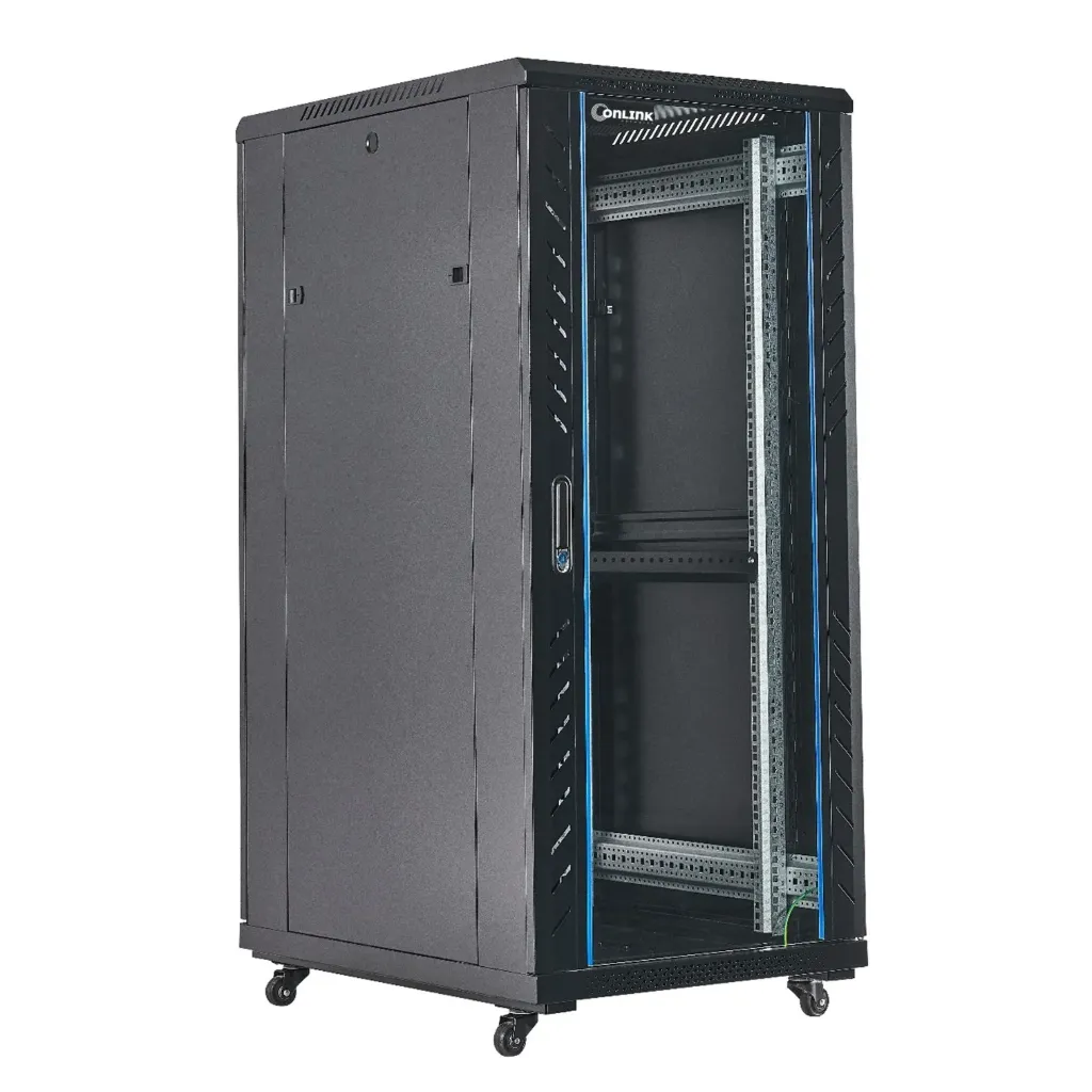 [AS6827-VDM/600x800-BLACK] Onlink - Rack de Piso [27U] Cerrado 600x800x1387mm con Puerta Frontal de Vidrio y Doble Puerta Trasera de Malla [Negro]