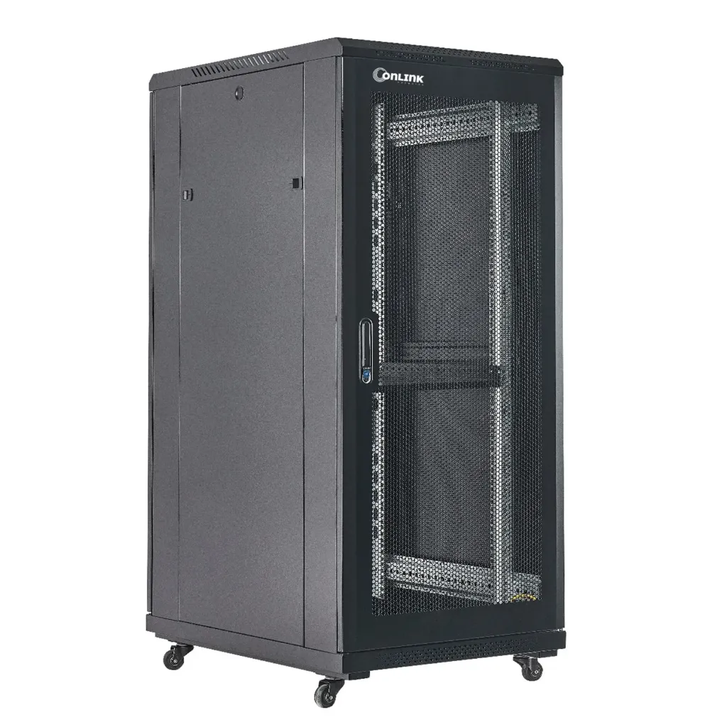 [A36827-MDM/600x800-BLACK] Onlink - Rack de Piso [27U] Cerrado 600x800x1387mm con Puerta Frontal de Malla y Doble Puerta Trasera de Malla [Negro]