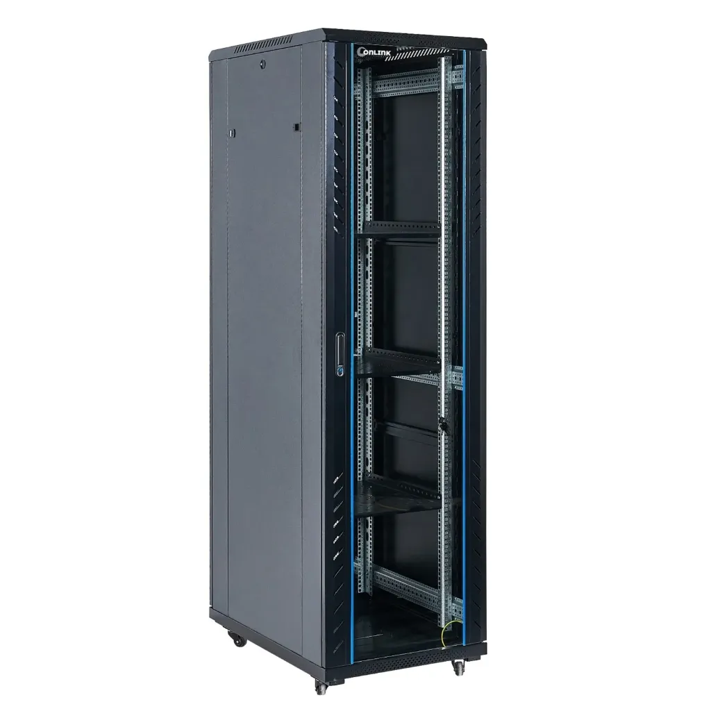 [AS6842-VDM/600x800-BLACK] Onlink - Rack de Piso [42U] Cerrado 600x800x2054mm con Puerta Frontal de Vidrio y Doble Puerta Trasera de Malla [Negro]