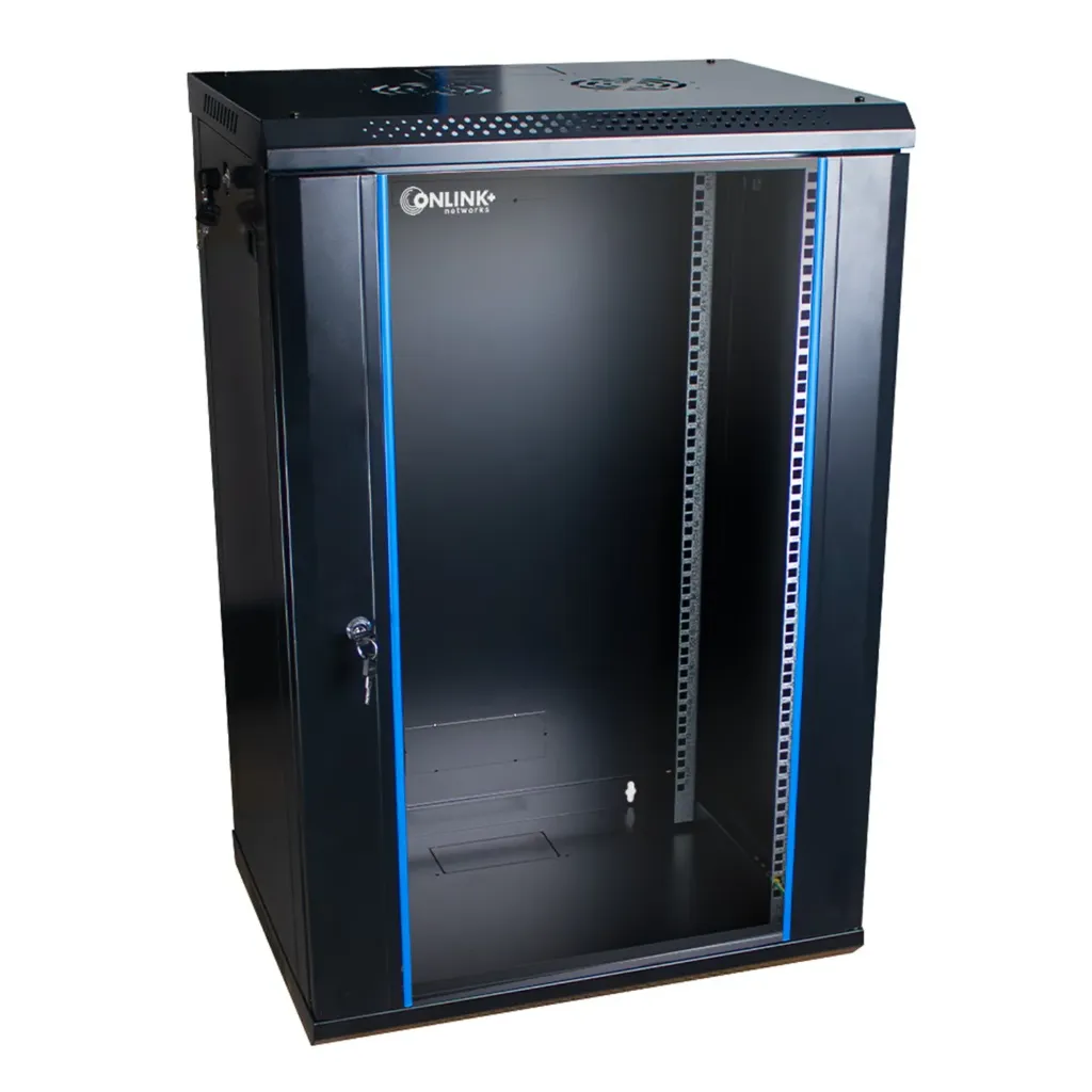 [WM6418-450-BLACK] Onlink - Rack de Pared [18U] Cerrado Fijo 600x450x901mm con 3 Cerraduras y Puerta de Vidrio [Negro]