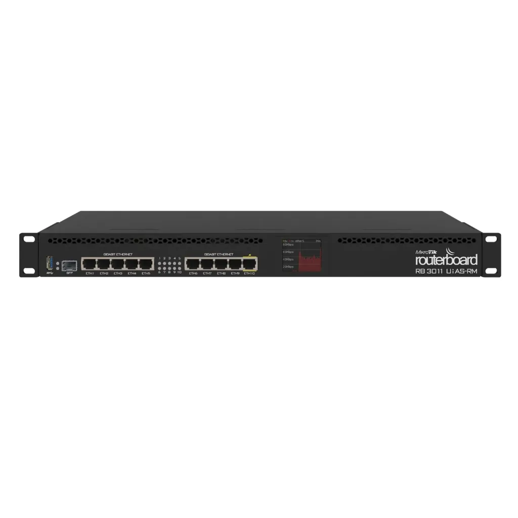 [RB3011UiAS-RM] Mikrotik - RouterBoard CPU 2 Núcleos 10 Puertos Gigabit Ethernet 1 Puerto SFP 1 GB Memoria Licencia Nivel 5 Montaje Rack