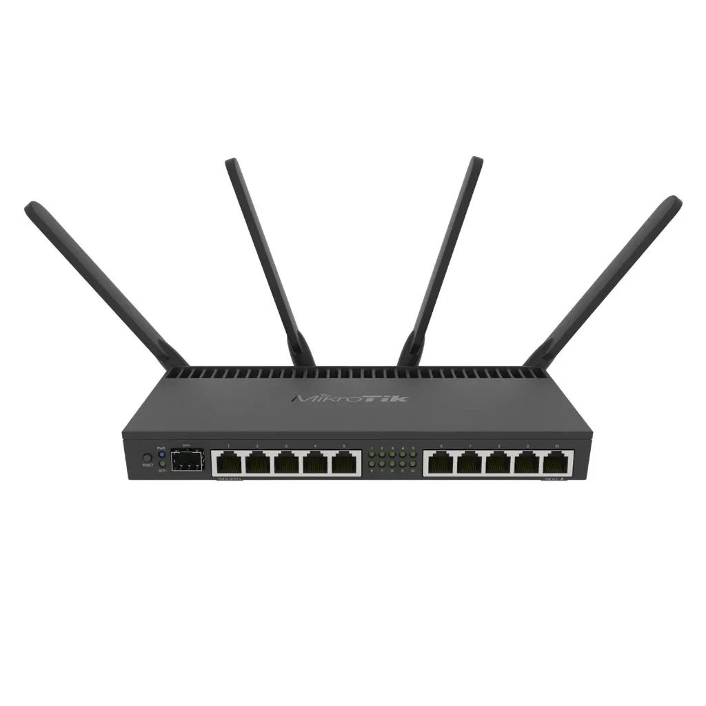 [RB4011iGS+5HacQ2HnD-IN] Mikrotik - RouterBoard con Wi-Fi 4x4 MU-MIMO hasta 2 watts de Potencia Antenas de 3 dBi 10 Puertos Gigabit 1 Puerto SFP+