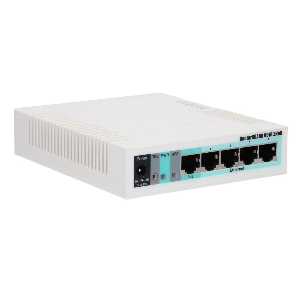 [021313] [RB951G-2HnD] Mikrotik - RouterBoard 5 Puertos Gigabit Ethernet 1 Puerto USB Wi-Fi 2.4 GHz 802.11b/g/n Antena de 2.5 dbi hasta 1W de potencia