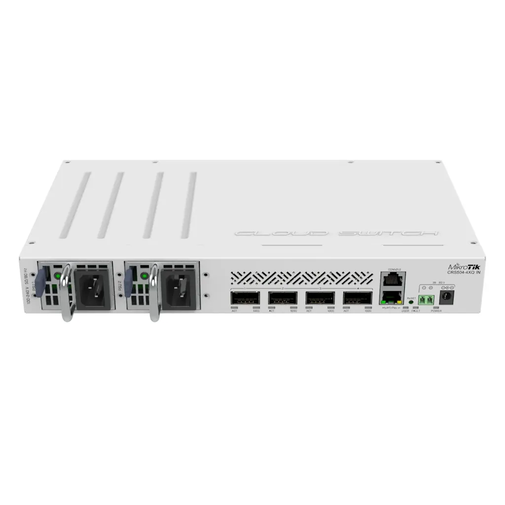 [CRS504-4XQ-IN] Mikrotik - Cloud Router Switch 4 Puertos QSFP28 de 100 Gigabit PoE-IN en 802.3 bt (25W sin accesorios) RouterOS (solo v7)
