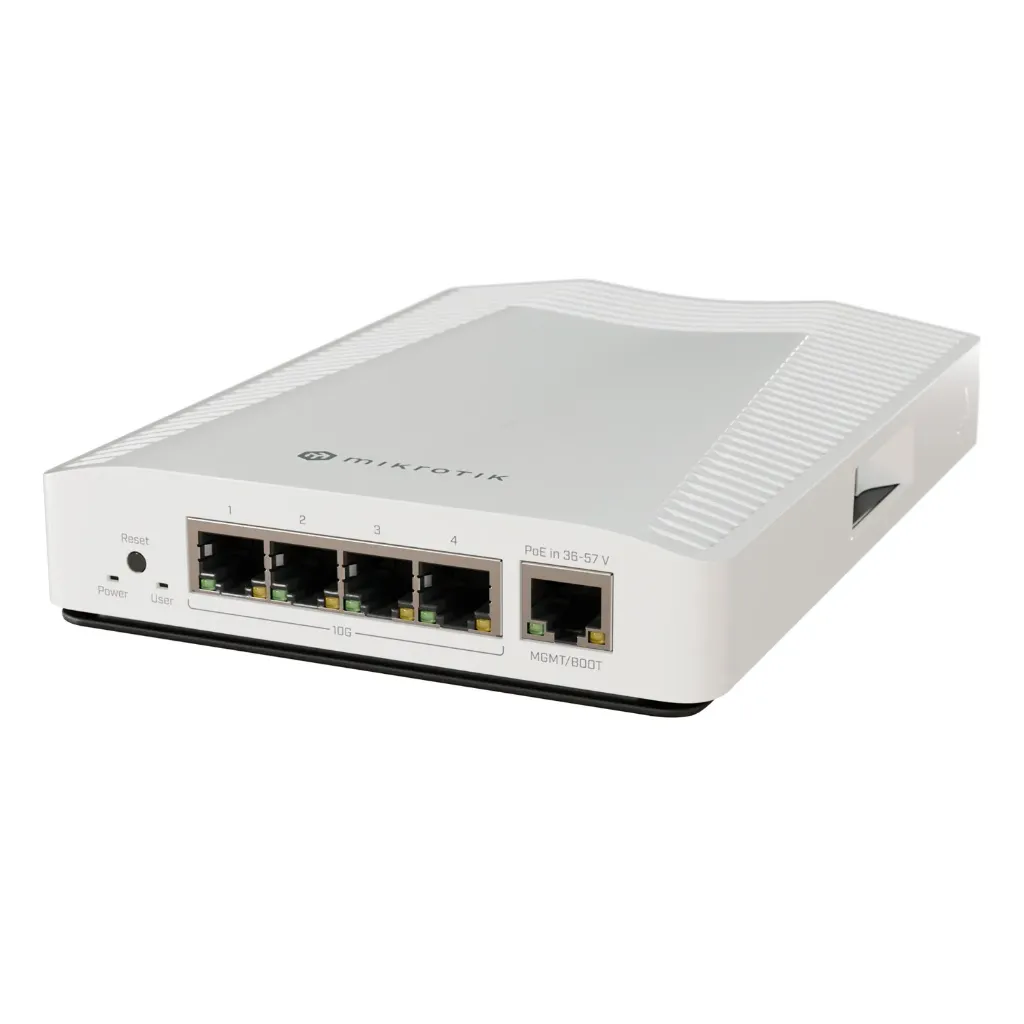 [021594] [CRS304-4XG-IN] Mikrotik - Cloud Router Switch PoE-IN de 4 Puertos 10 G+ 1 Puerto Gigabit CPU con 2 Núcleos y Frecuencia de 1200 MHz (15W sin accesorios) RouterOS (solo v7)