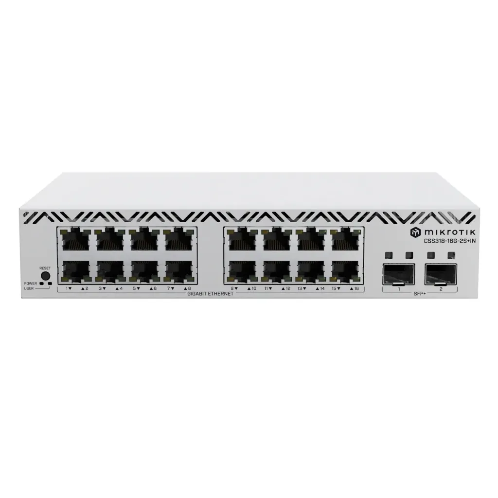 [022009] [CSS318-16G-2S+IN] Mikrotik - Switch MikroTik con 16 Puertos Gigabit Ethernet 2 Puertos SFP+ 10G Filtrado MAC y VLANs SwOS Configuración Web