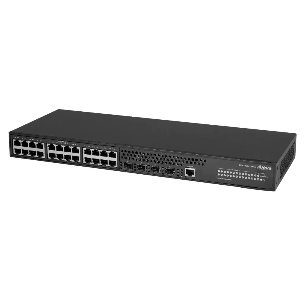 [DH-AS4300-24GT4GF] Dahua - Switch Gestionado L2+ 28 Puertos 24 RJ45 Gigabit + 4 SFP Gigabit Diseño sin Ventilador Montaje Rack o Escritorio