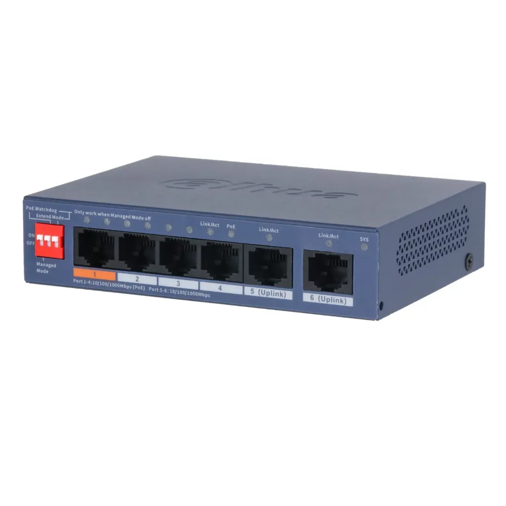 [DH-CS4006-4GT-60] Dahua - Switch de Escritorio Gestionado Nube L2 6 Puertos 4 PoE Gigabit + 2 Uplink Gigabit Presupuesto PoE 60 W DoLynk