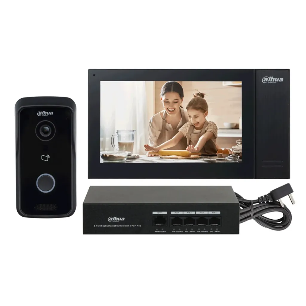 [DHI-KTP02] Dahua - Kit de Videoportero IP, Estación Exterior 2 MP IR IP65, Monitor Interior 7" Táctil PoE, Audio Bidireccional, Apertura Remota App DMSS, hasta 10000 Tarjetas