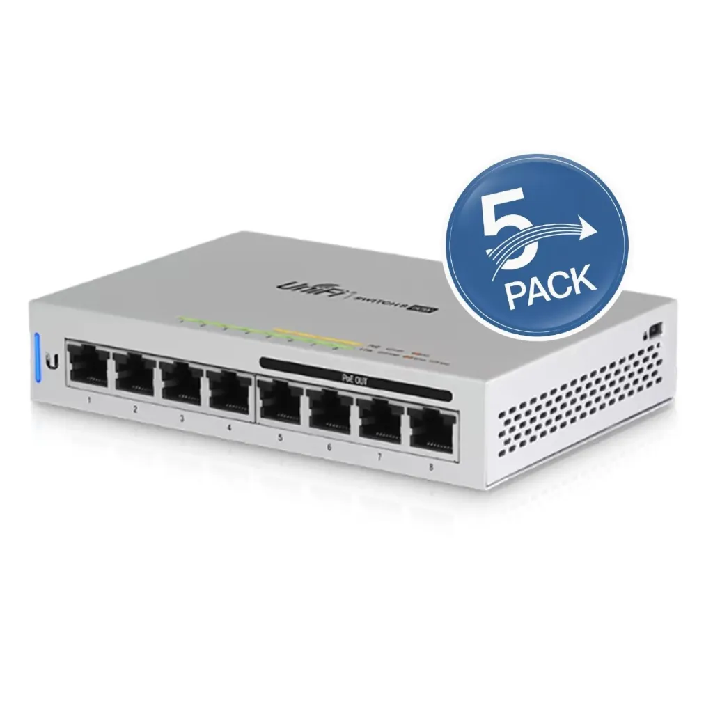 [021404] [US-8-60W-5] Ubiquiti - Switch UniFi Administrable Capa 2 de 8 Puertos Gigabit 4 Puertos Gigabit PoE 802.3af y 4 Puertos Gigabit Ethernet 60W [5 Unidades]