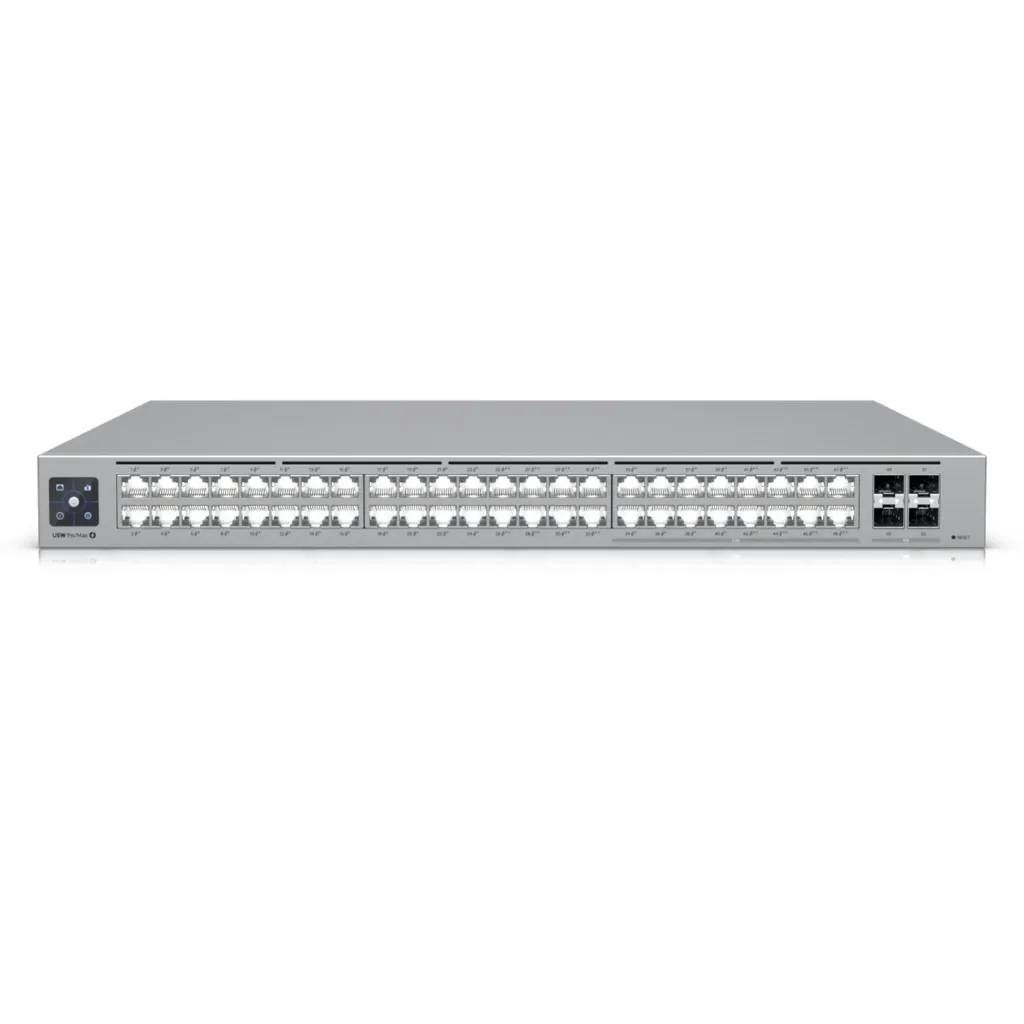 [USW-PRO-Max-48-PoE] Ubiquiti - UniFi Switch Pro Max 48 PoE con Funciones Capa 3 48 Puertos (16 Puertos 2.5 GbE y 32 Puertos 1 GbE) 2 Puertos SFP+ 10G, PoE++ 720W Pantalla Informativa