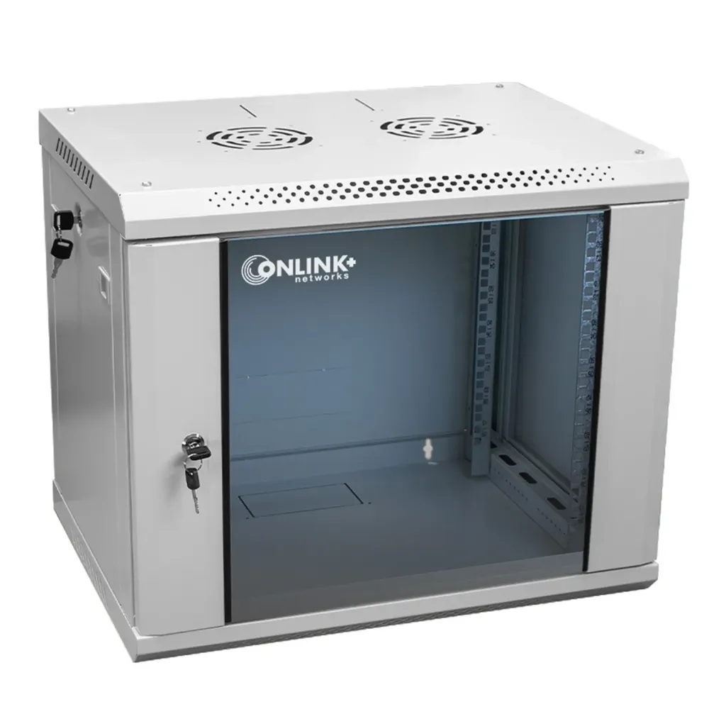 [022062] [WM6409-450-RAL7035] Onlink - Rack de Pared [9U] Cerrado Fijo 600x450x501mm con 3 Cerraduras y Puerta de Vidrio [Gris Luminoso]