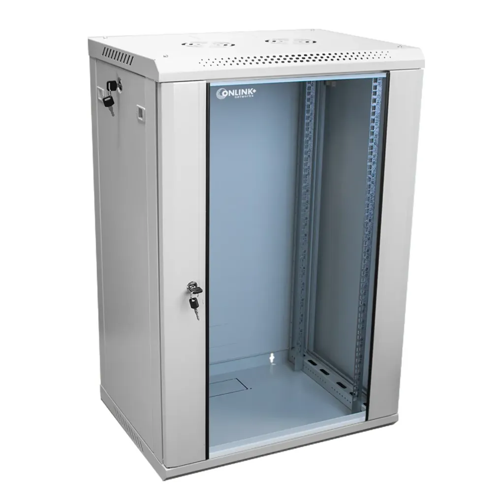 [022065] [WM6418-450-RAL7035] Onlink - Rack de Pared [18U] Cerrado Fijo 600x450x901mm con 3 Cerraduras y Puerta de Vidrio [Gris Luminoso]