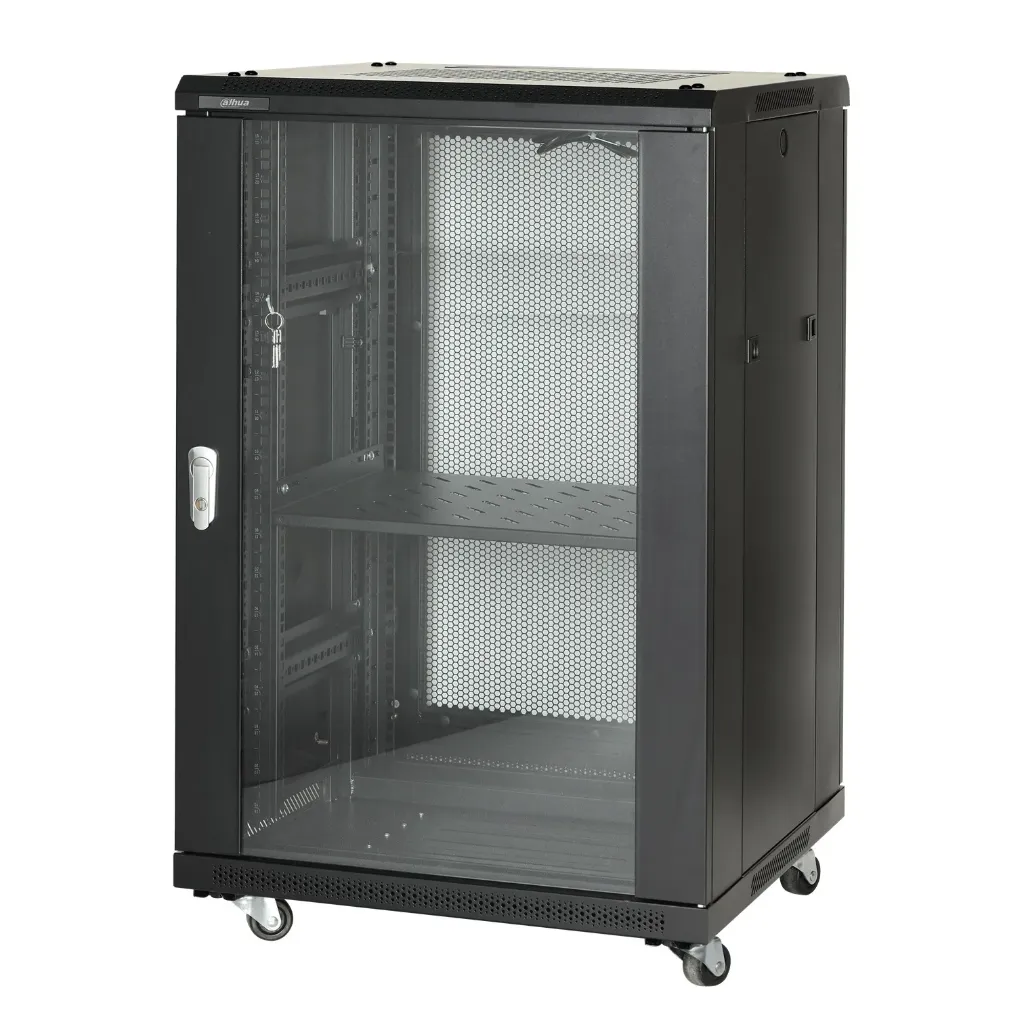Gabinete Rack 19" 18U Profundidad 600mm Carga Máx. 300 kg Montaje en Plano Metálico con Ruedas Variante de Configuración a (Tipo de Puerta/Color/Accesorios Incluidos)
